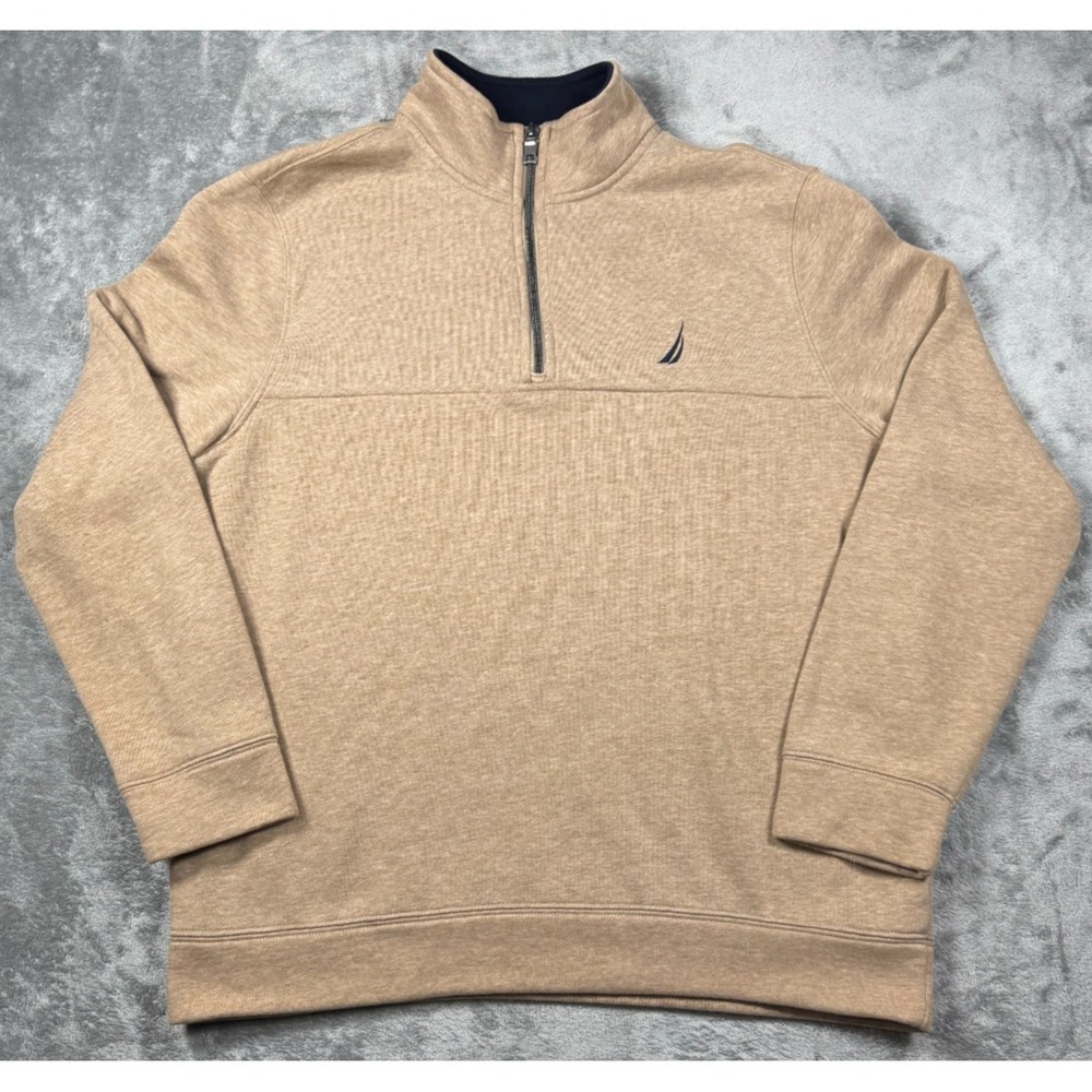 Nautica Mens XL Tan 1/4 Zip Fleece Pullover Sweatshirt Navy Collar Logo K3774